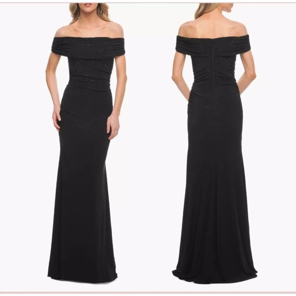 La Femme Evening‎ Gown Women's Size 14 Black Beaded Ruched Off Shoulder